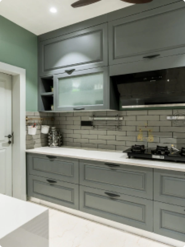 Turquoise Grey Peninsular Modular Kitchen