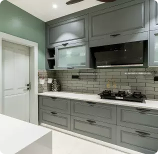 Turquoise-Grey-Peninsular Modular Kitchen